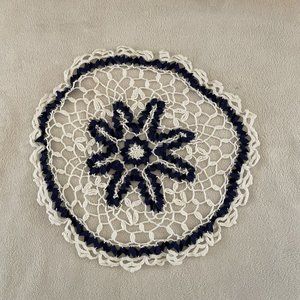 Vintage Hand Crocheted Doily Blue White Dresser Duster Handmade Cotton Detailed